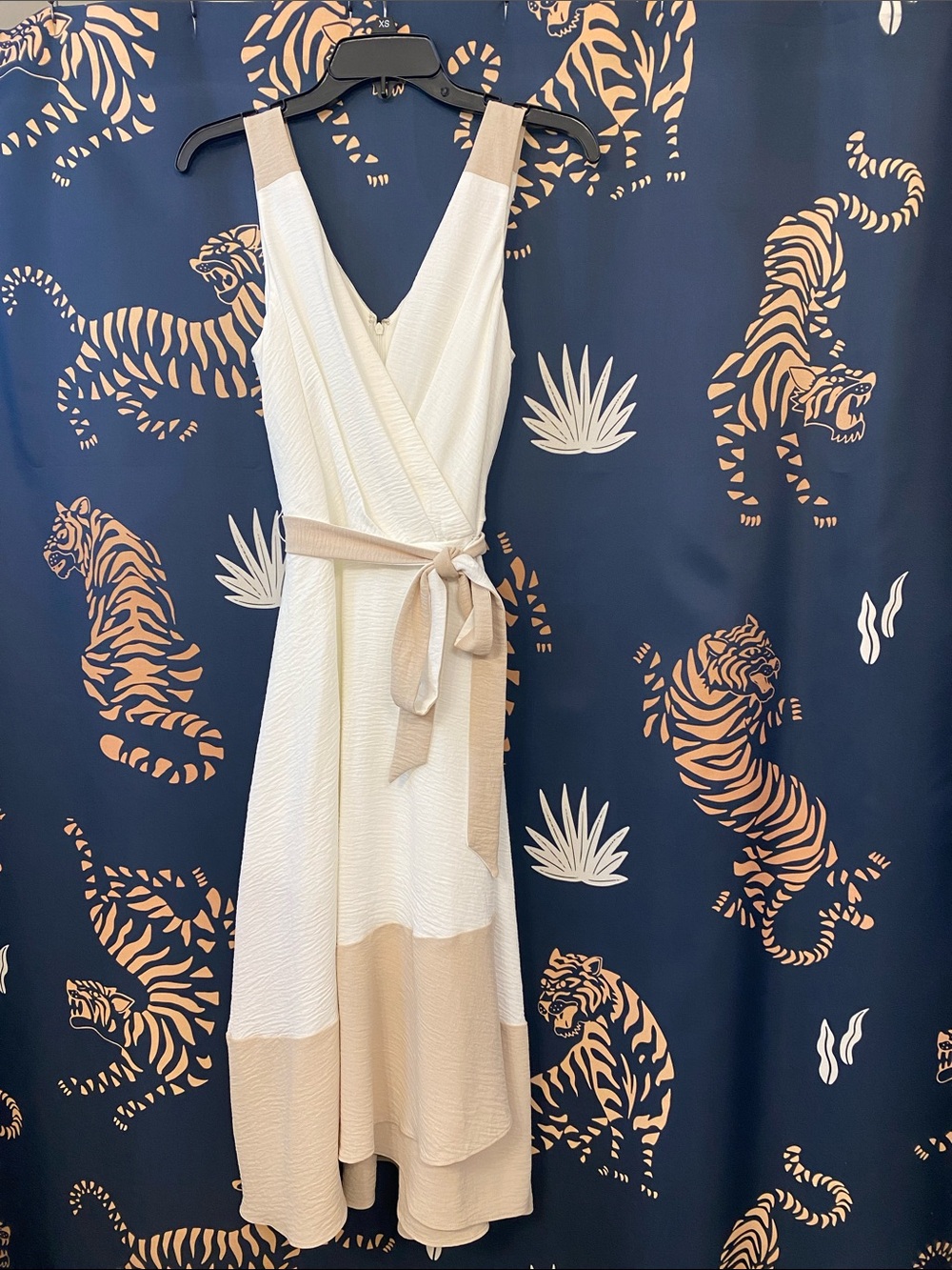 Classy Two-Tone Wrap Midi Dress in Cream & Tan